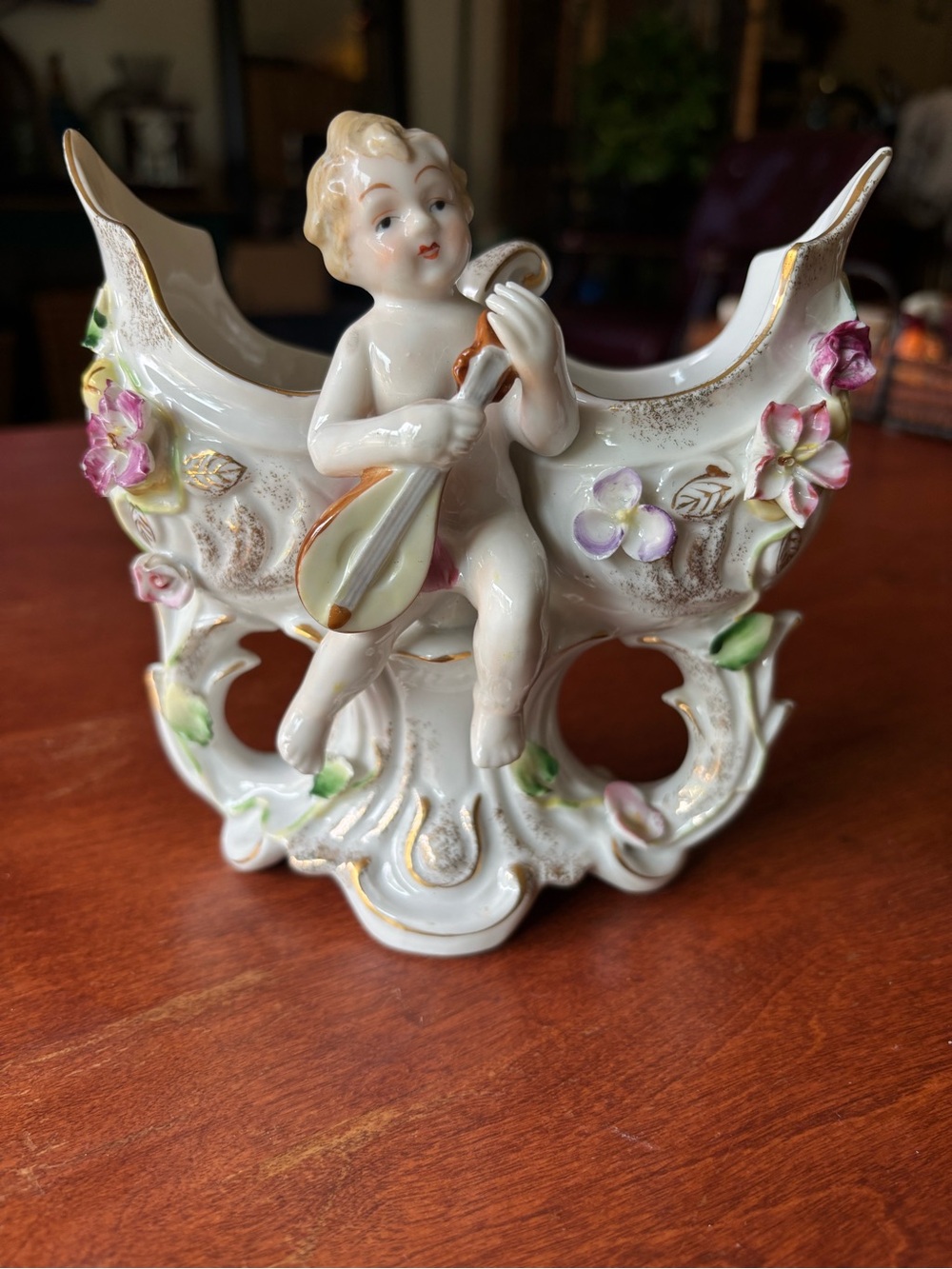 vintage porcelain double planter or centerpiece "putti" or "cherub" bowl.